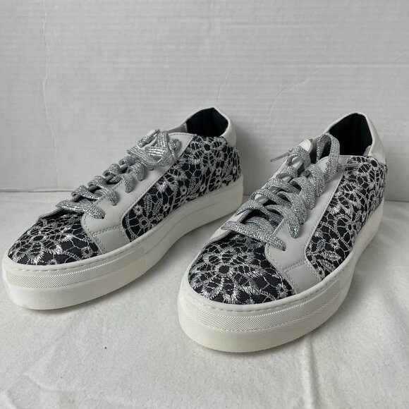 P448 Thea White/Black/Silver Embroidered Flower Low Top Sneakers - Picture 3 of 9